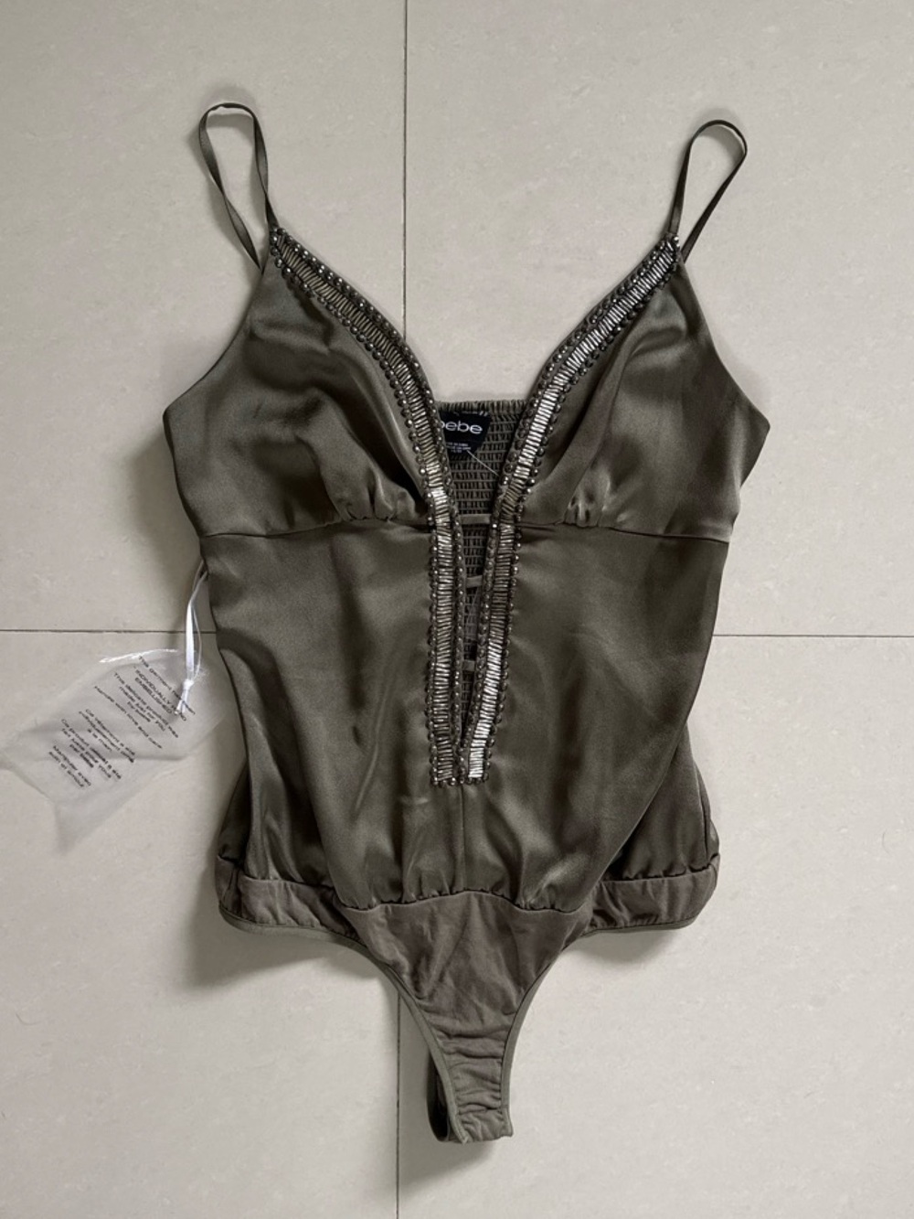bebe Olive Green Satin Beaded Cami Bodysuit